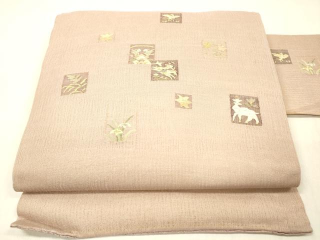 平和屋着物▼明綴れ 九寸名古屋帯 狩猟草花文 金糸 正絹 逸品 DABC8338cm
