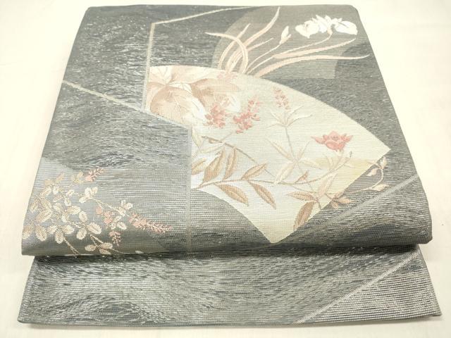 平和屋着物*夏物 六通柄袋帯 地紙草花文 銀糸 正絹 逸品 DABC8438cm