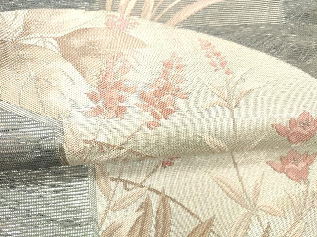 平和屋着物*夏物 六通柄袋帯 地紙草花文 銀糸 正絹 逸品 DABC8438cm