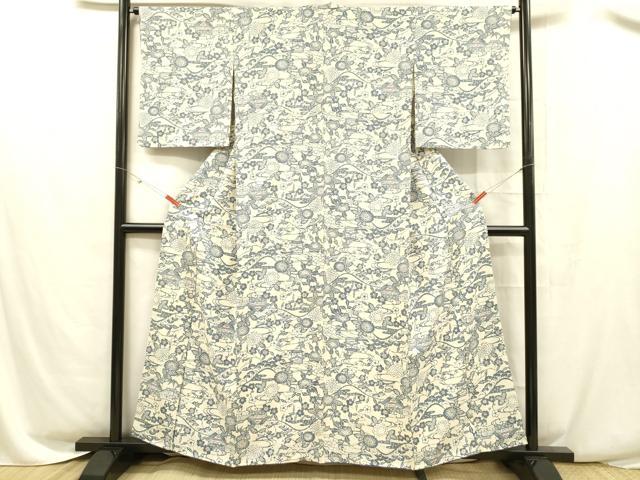 平和屋着物■上質な小紋 型染 風景草花文 鮫小紋柄 正絹 逸品 DABC8487cm