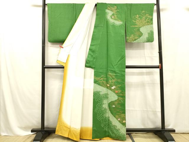 平和屋着物■訪問着 絞り 刺繍 笹の葉草花文 金彩 正絹 逸品 DABC8618cm