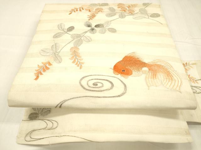 平和屋着物*夏物 アンティーク 大正ロマン 九寸名古屋帯 総刺繍 流水枝葉文 金魚 金銀糸 正絹 逸品 DABC8657cm