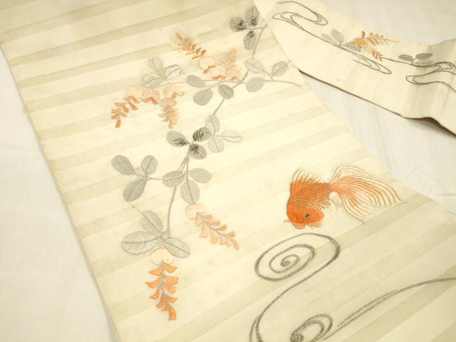 平和屋着物*夏物 アンティーク 大正ロマン 九寸名古屋帯 総刺繍 流水枝葉文 金魚 金銀糸 正絹 逸品 DABC8657cm