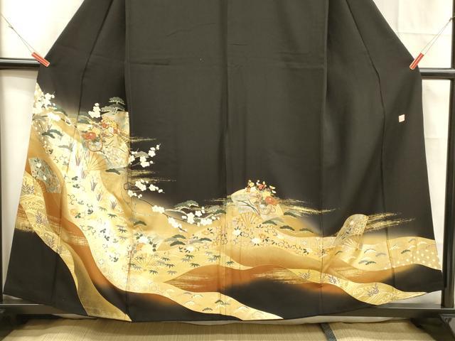 平和屋着物■豪華黒留袖 作家物 駒刺繍 流水扇面花文 松竹梅 暈し染め 金彩 やまと誂製 正絹 逸品 DABC8733cm