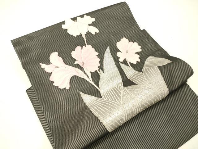 平和屋着物*夏物 つけ帯 唐織 草花文 黒地 銀糸 正絹 逸品 DABC8821cm