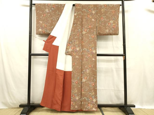 平和屋着物■上質な小紋 草花文 鬼しぼ縮緬 正絹 逸品 DABC8902cm