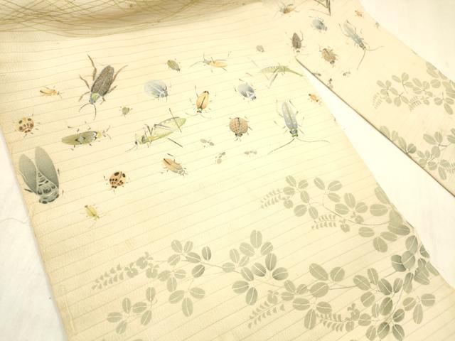 平和屋着物*夏物 アンティーク 大正ロマン 九寸名古屋帯 絽縮緬 手描き 夏虫草葉文 正絹 逸品 DABC8959cm