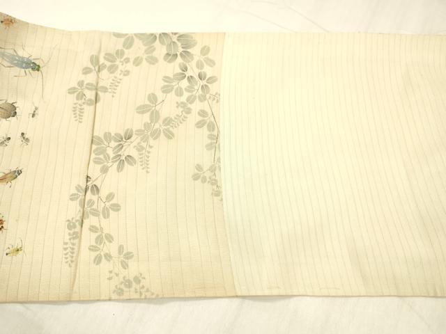 平和屋着物*夏物 アンティーク 大正ロマン 九寸名古屋帯 絽縮緬 手描き 夏虫草葉文 正絹 逸品 DABC8959cm