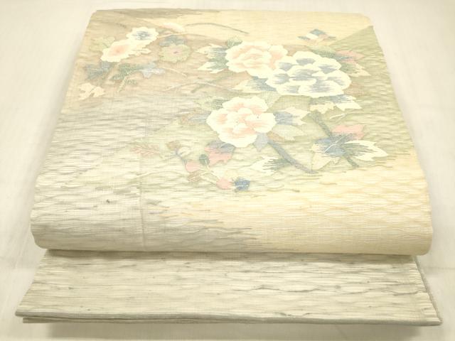 平和屋着物*夏物 太鼓柄袋帯 草花文 銀糸 正絹 逸品 DABC8970cm