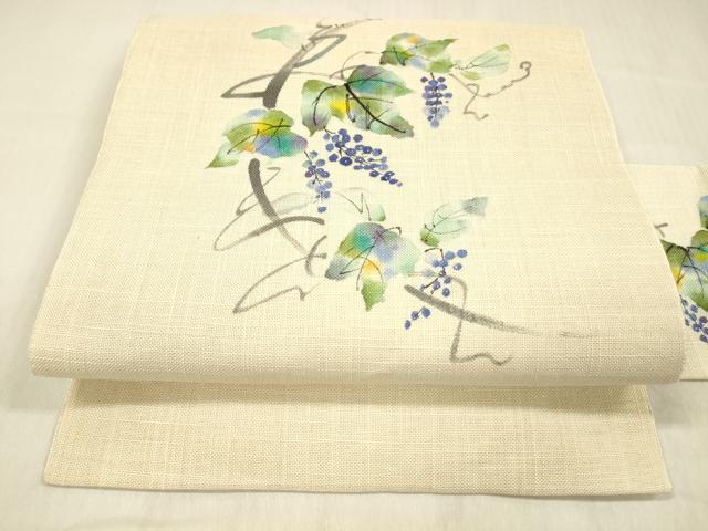 平和屋着物*夏物 九寸名古屋帯 手描き 葡萄蔦の葉文 銀通し地 DABC8988cm