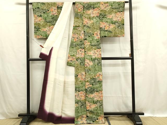 平和屋着物■上質な小紋 型染 雲取り花松文 鬼しぼ縮緬 正絹 逸品 DABC9695qp