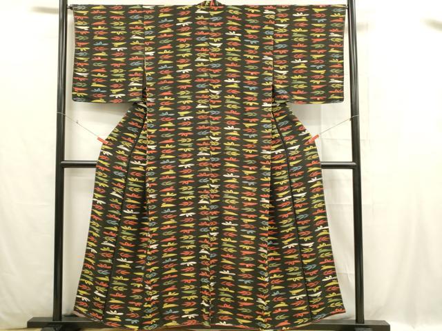 平和屋着物■上質な小紋 舞葉文 黒地 正絹 逸品 DABC9705qp