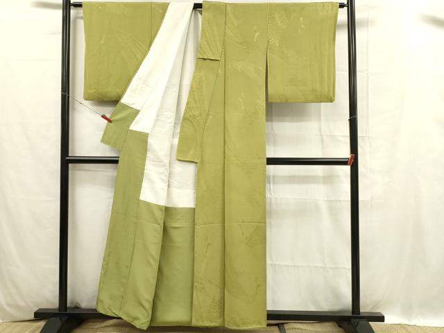 平和屋着物■上質な色無地 孔雀地紋 抹茶色 正絹 逸品 DABC9709qp