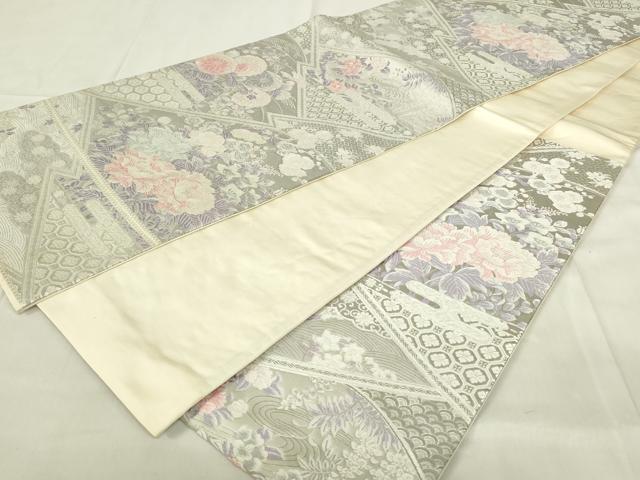 平和屋着物◎六通柄袋帯 唐織 九百錦 草花文 プラチナ箔 正絹 逸品 DABC9736qp