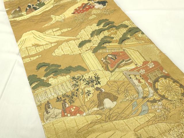 平和屋着物◎佐賀錦 六通柄袋帯 人物風景文 金糸 正絹 逸品 DABC9752qp