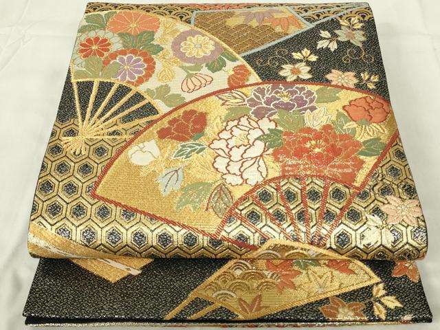 平和屋着物◎六通柄袋帯 扇面吉祥花文 金糸 正絹 逸品 DABC9760qp