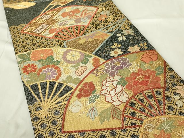 平和屋着物◎六通柄袋帯 扇面吉祥花文 金糸 正絹 逸品 DABC9760qp