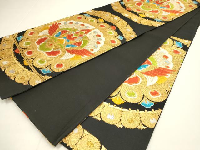 平和屋着物◎六通柄袋帯 唐織 孔雀羽花文 黒地 金銀糸 正絹 逸品 DABC9833qp