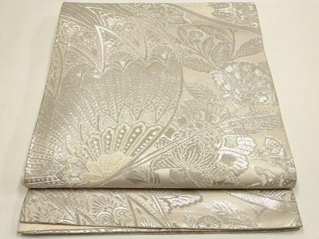 平和屋着物◎六通柄袋帯 檜扇に蝶文様 銀糸 正絹 逸品 DABC9838qp