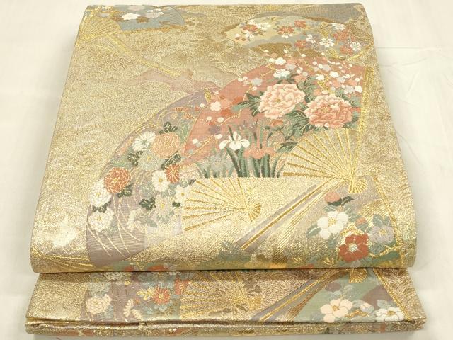 平和屋着物◎両方向 全通柄袋帯 唐織 扇絵色紙草花文 六歌仙色紙文 金糸 正絹 逸品 DABC9850qp