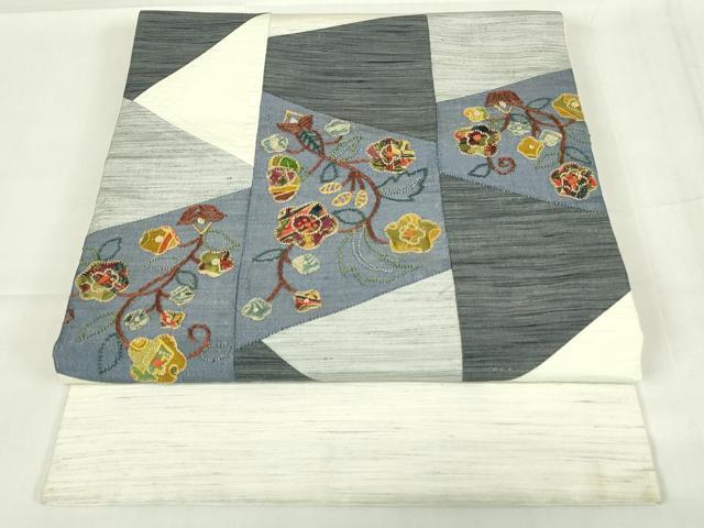 平和屋着物◎中国三大刺繍 相良刺繍 つけ帯 紬地 パッチワーク 切嵌 花唐草文 正絹 逸品 DABC9911qp