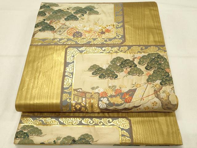 平和屋着物◎六通柄袋帯 手織 舞 衝立花松文 金糸 引箔 正絹 逸品 DABC9976qp