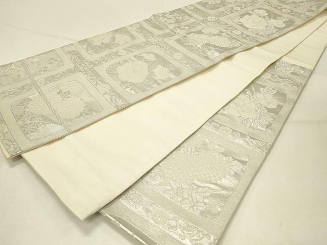 平和屋着物◎六通柄袋帯 格子花文 銀糸 正絹 逸品 DABC9988qp