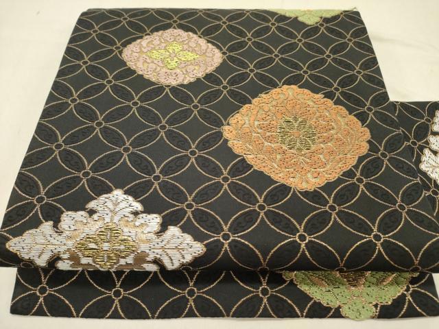 平和屋着物●九寸名古屋帯 花菱文 黒地 金糸 正絹 逸品 DABD0014op