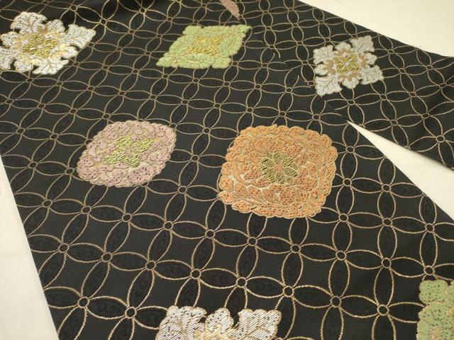 平和屋着物●九寸名古屋帯 花菱文 黒地 金糸 正絹 逸品 DABD0014op