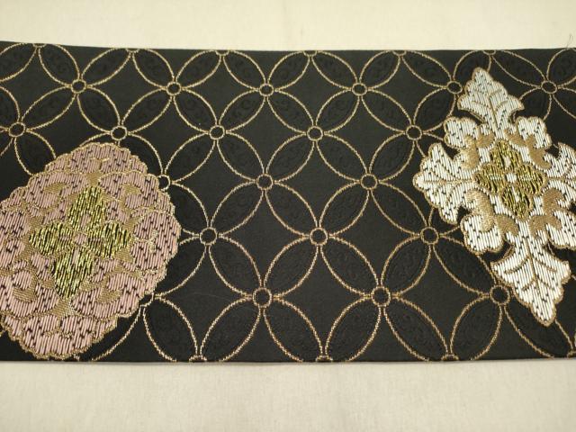 平和屋着物●九寸名古屋帯 花菱文 黒地 金糸 正絹 逸品 DABD0014op