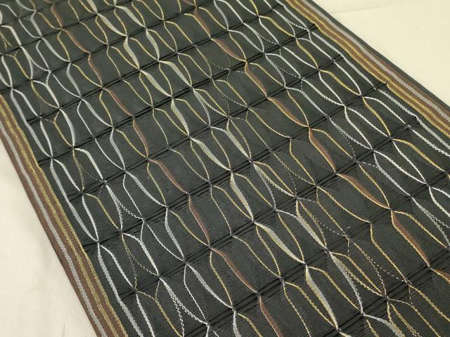 平和屋着物●六通柄袋帯 手織 もじり織 幾何学文様 黒地 金糸 上代78万 反端付き 正絹 逸品 DABD0016op