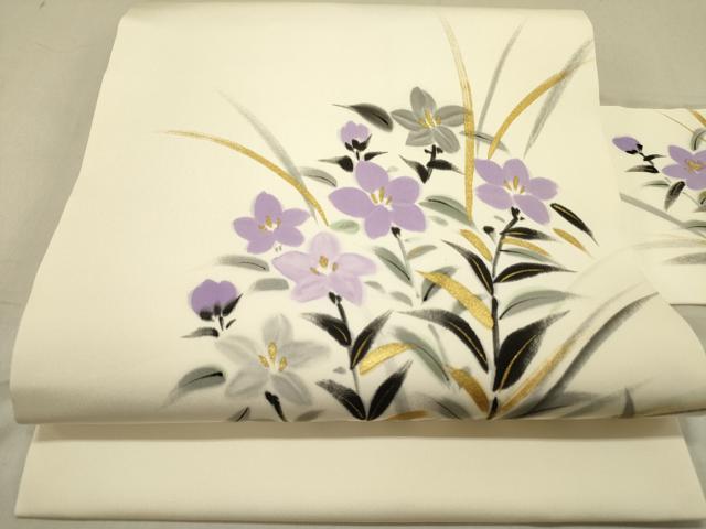 平和屋着物●塩瀬 九寸名古屋帯 作家物 手描き 桔梗 金彩 正絹 逸品 未使用 DABD0031op