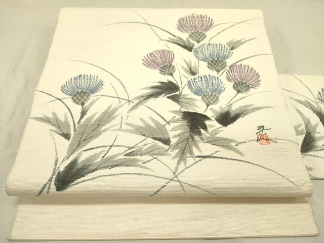 平和屋着物●八寸名古屋帯 作家物 手描き 紬地 裏菊 正絹 逸品 DABD0041op