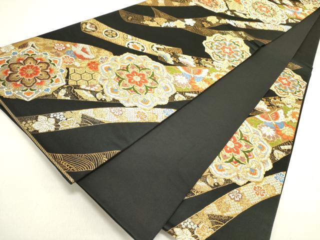 平和屋着物●六通柄袋帯 唐織 絖綵 正倉院花蝶文 黒地 金銀糸 正絹 逸品 DABD0118op
