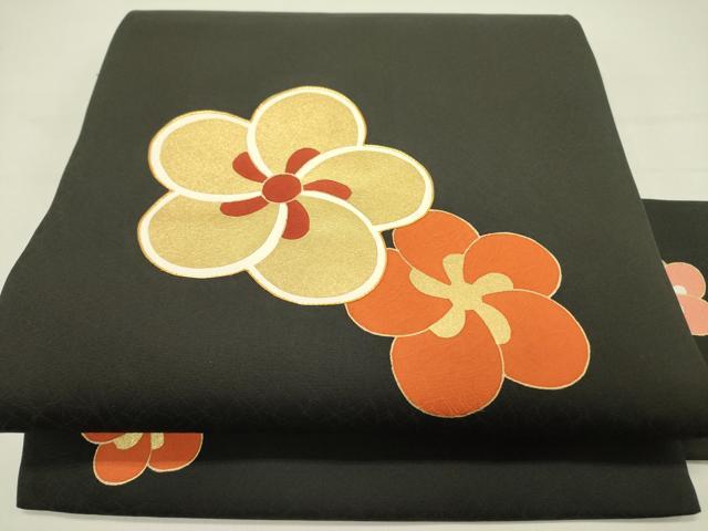 平和屋着物●塩瀬 九寸名古屋帯 駒刺繍 捻梅 黒地 金彩 正絹 逸品 未使用 DABD0131op