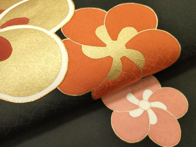 平和屋着物●塩瀬 九寸名古屋帯 駒刺繍 捻梅 黒地 金彩 正絹 逸品 未使用 DABD0131op