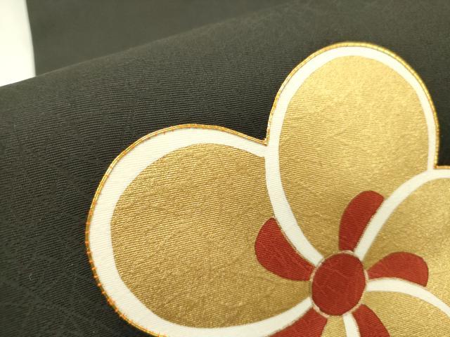 平和屋着物●塩瀬 九寸名古屋帯 駒刺繍 捻梅 黒地 金彩 正絹 逸品 未使用 DABD0131op