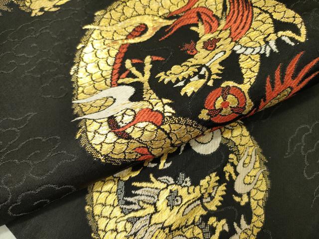 平和屋着物●アンティーク 大正ロマン 九寸名古屋帯 龍 黒地 金糸 正絹 逸品 DABD0140op