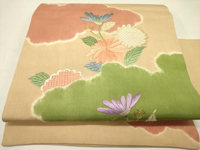 平和屋着物●九寸名古屋帯 絞り 駒刺繍 雲取草花文 金糸 正絹 逸品 DABD0147op