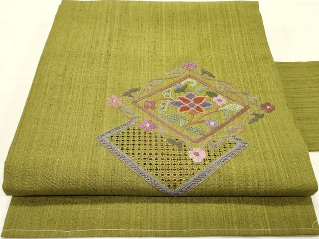 平和屋着物●中国三大刺繍 スワトウ刺繍 汕頭刺繍 相良刺繍 総刺繍 九寸名古屋帯 紬地 花菱文 正絹 逸品 DABD0163op