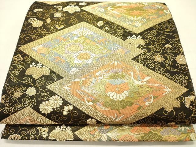 平和屋着物●西陣 服部織物謹製 六通柄袋帯 唐織 花菱文 黒地 金糸 正絹 逸品 DABD0200op