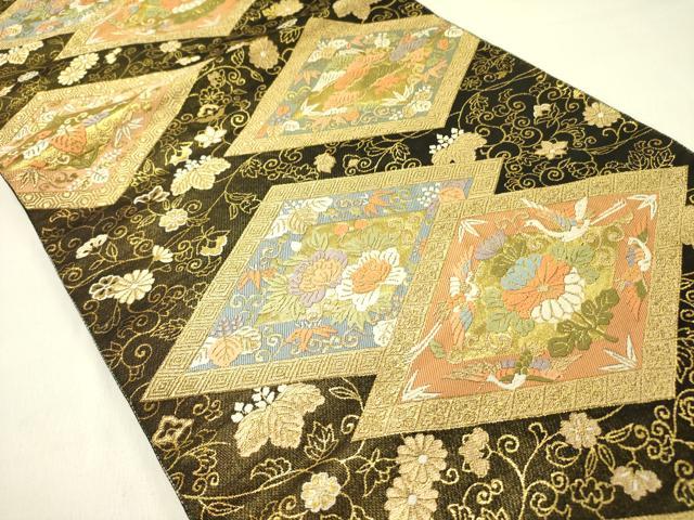 平和屋着物●西陣 服部織物謹製 六通柄袋帯 唐織 花菱文 黒地 金糸 正絹 逸品 DABD0200op