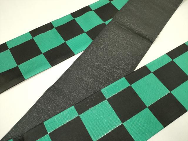 平和屋着物●半幅帯 市松 緑×黒 正絹 逸品 未使用 DABD0228op