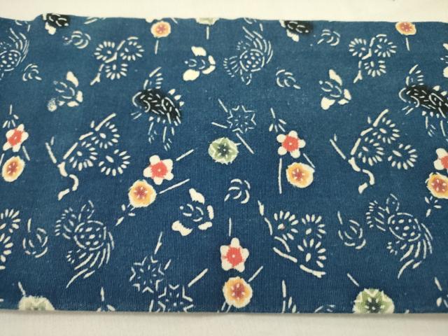 平和屋着物●全通柄九寸名古屋帯 紬地 型染 花鳥文 正絹 逸品 DABD0258op