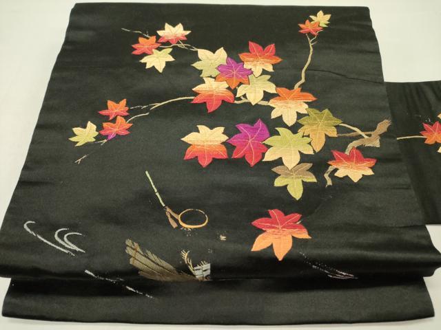 平和屋着物●アンティーク 大正ロマン 九寸名古屋帯 総手刺繍 枝楓文 黒地 金糸 正絹 逸品 DABD0271op