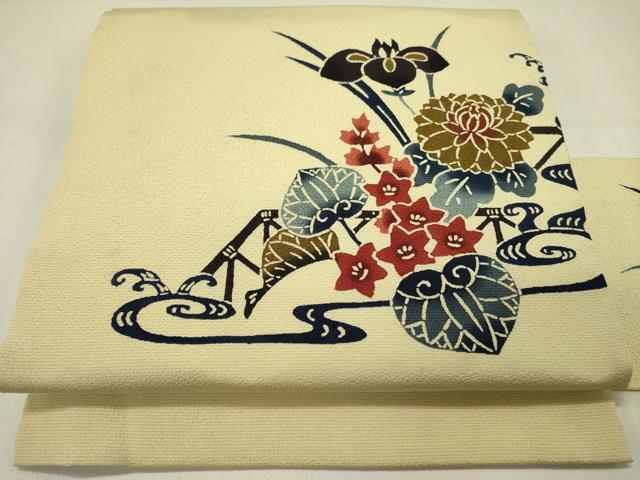 平和屋着物●九寸名古屋帯 紅型 型染 草花 正絹 逸品 DABD0274op
