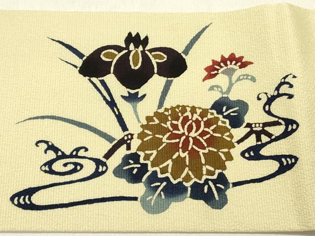 平和屋着物●九寸名古屋帯 紅型 型染 草花 正絹 逸品 DABD0274op