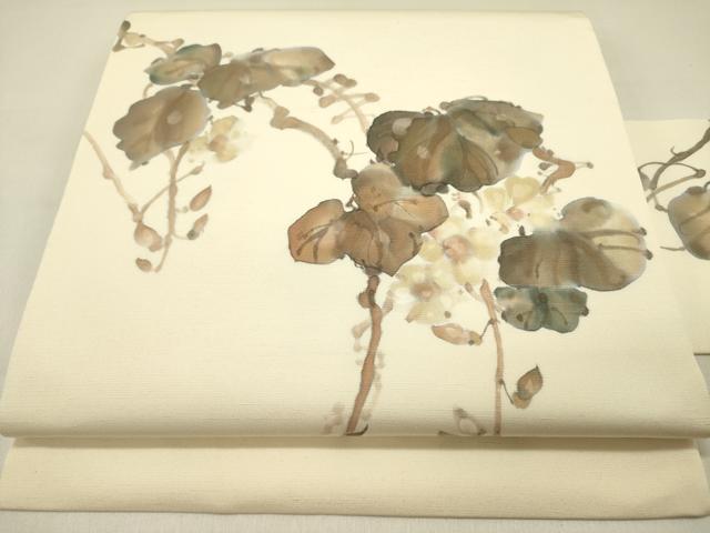 平和屋着物●手描友禅女流作家 一色生子 塩瀬 九寸名古屋帯 手描き 蔦の葉文 正絹 逸品 DABD0285op
