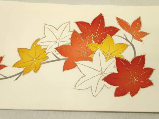 平和屋着物●塩瀬 九寸名古屋帯 駒刺繍 枝楓文 金彩 正絹 逸品 DABD0313op