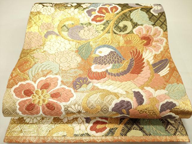 平和屋着物●佐賀錦 六通柄袋帯 唐織 鴛鴦花文 金糸 正絹 逸品 DABD0319op